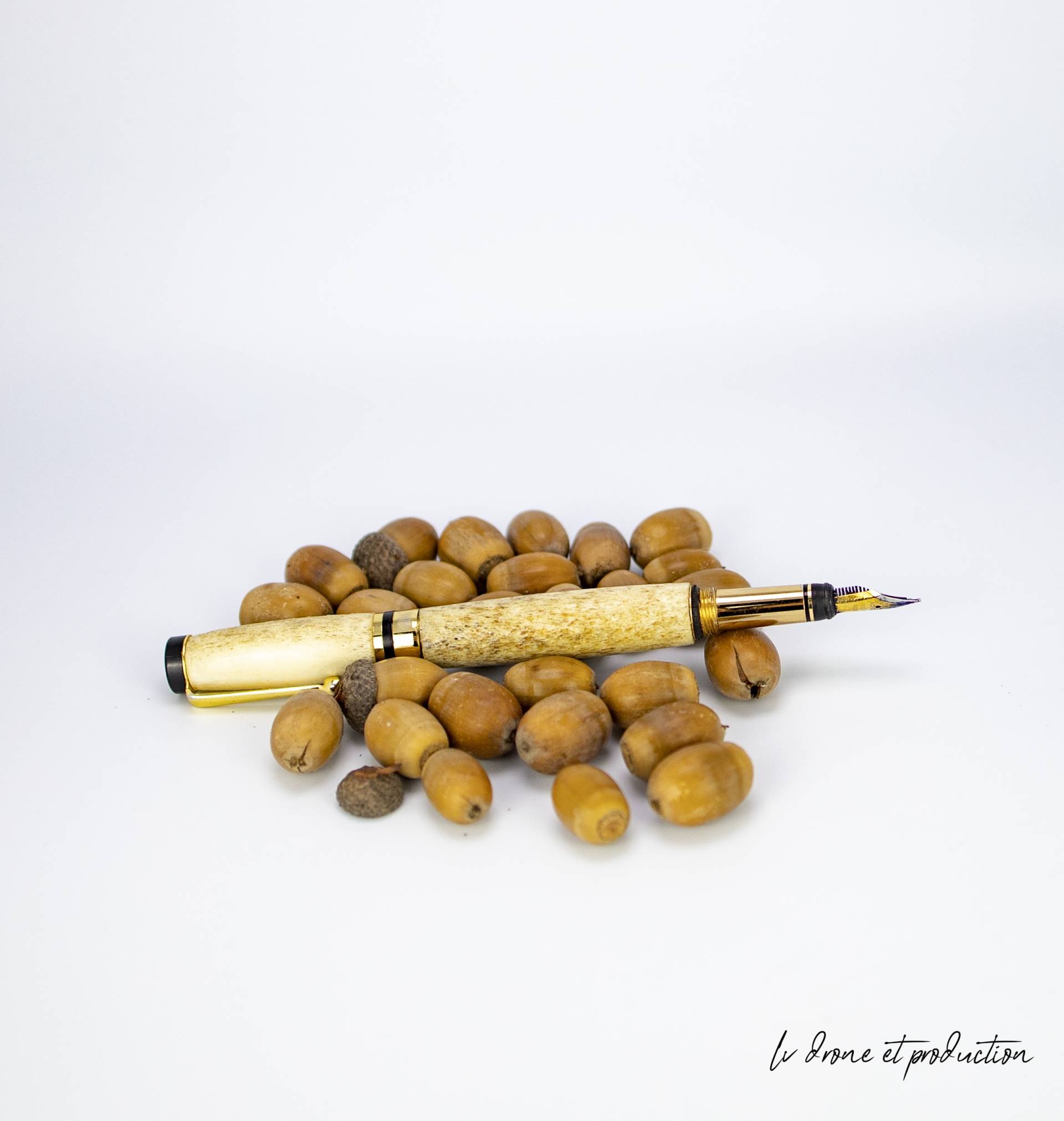 Stylo en or posé sur des noisettes, photographie minimaliste et élégante.